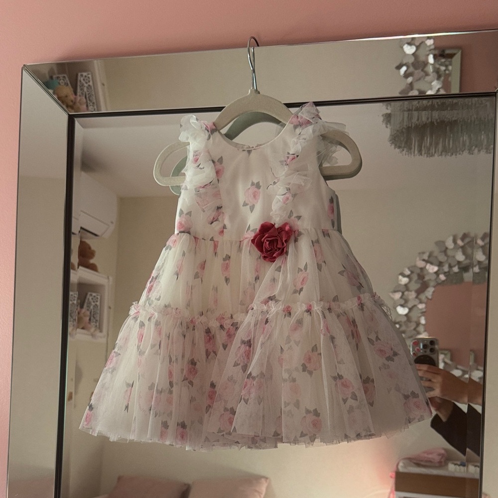 MonnaLisa White and Pink Floral Kids Formal Dress